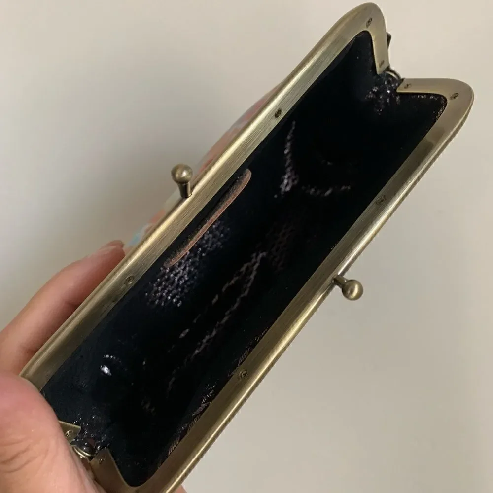 Handmade Genuine Leather Floral Print, Metal Frame Small Clutch/Cosmetic Case